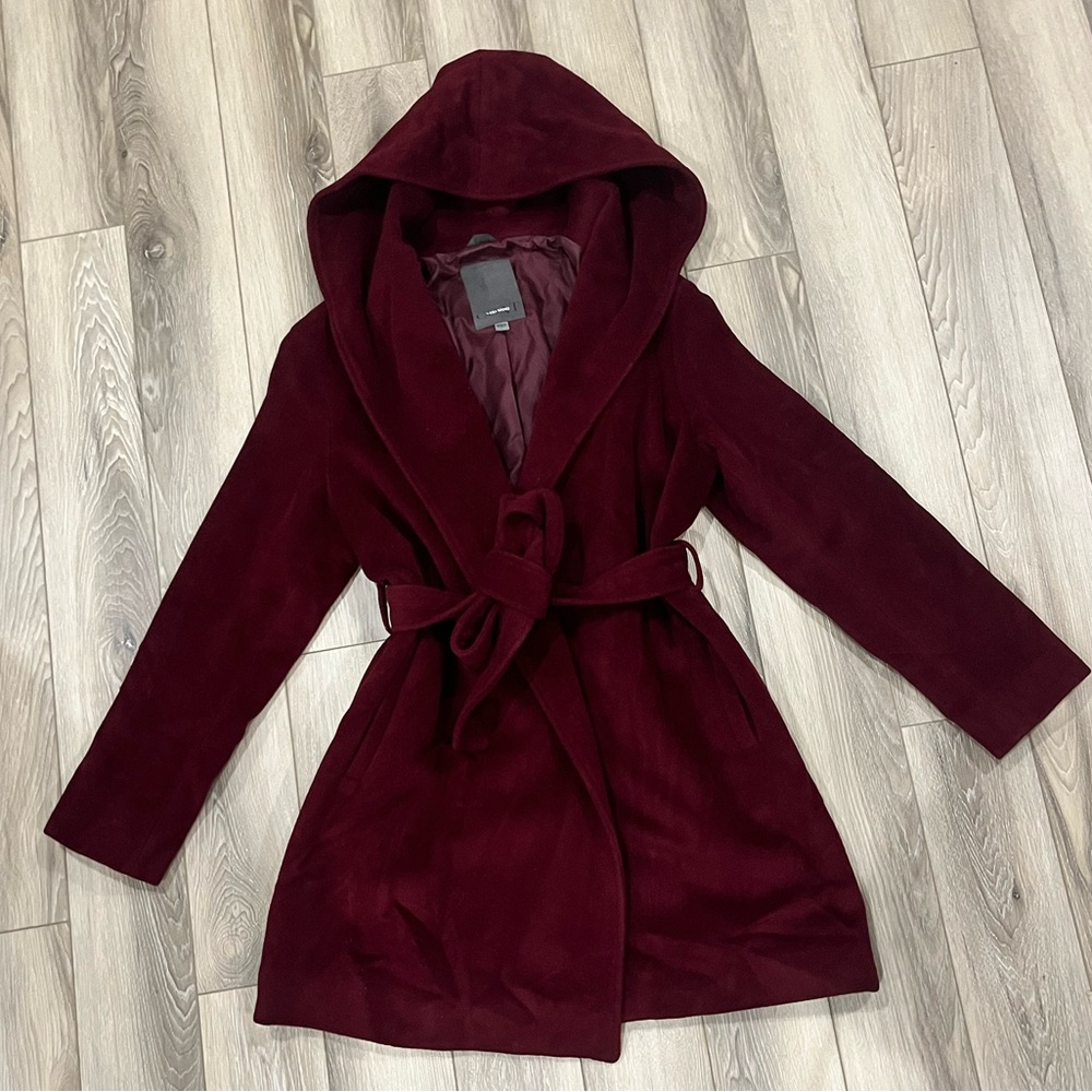 Vera Wang Burgundy Hooded Wrap Coat